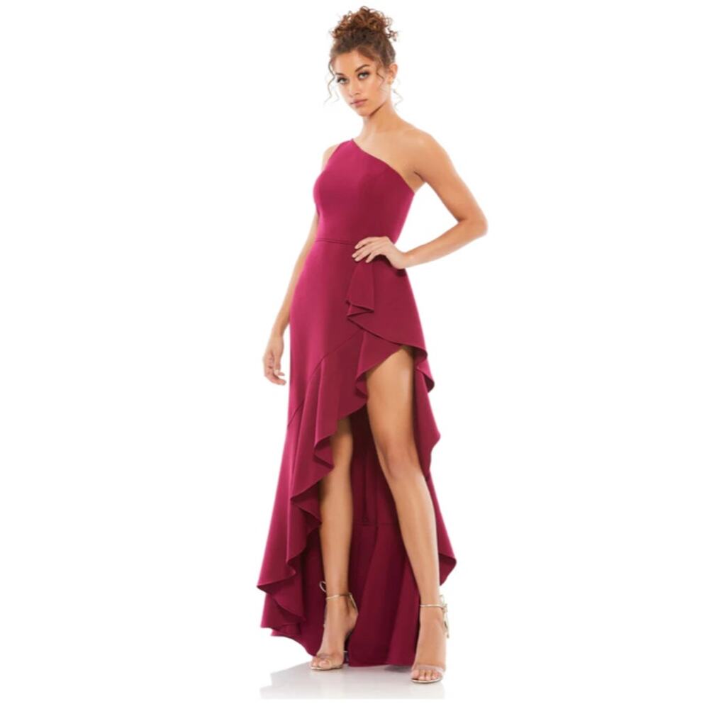Mac Duggal 49089 One Shoulder High Slit Ruffle Gown 6 Berry